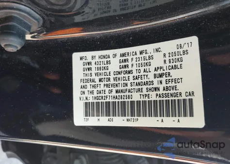 2017 Honda Accord Ex z USA, uszkodzony, nr VIN 1HGCR2F71HA282580